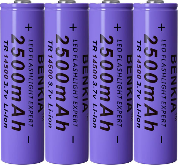 14500 Rechargeable Battery 2500mAh 3.7V High Capacity Lithium Button Top 4 Pack for Flashlight Headlamp