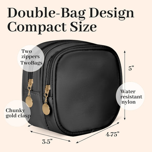 Small Makeup Pouch, Double Zipper Cosmetic Bag, Travel Makeup Bag, Cute Makeup Bag for Purse, Mini Toiletry Bag (Black)