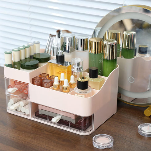 Makeup Organizer, Cosmetic Case with Clear 3 Drawers for Bathroom and Dresser, Pink Display Case for Brushes