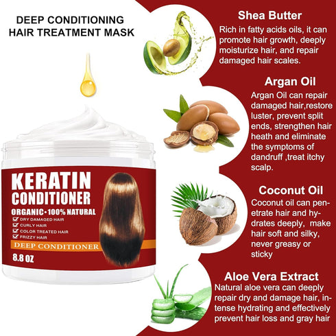Keratin Hair Mask, 250g Hair Treatment for Dry Damaged Hair, Deep Repair Damage Hair Root, Natural Hydrating Hair Masque
