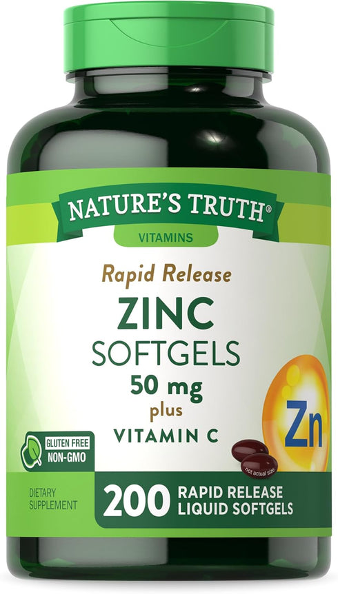 Nature's Truth Zinc 50mg with Vitamin C, 200 Liquid Softgels, Non-GMO & Gluten Free Supplement