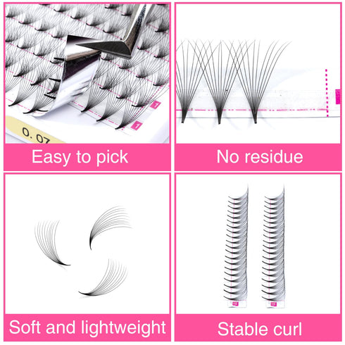 TDANCE Premade Fans Eyelash Extensions - 224 Fans, Middle Stem Heat Bonded Volume Lash Extensions (224-40D-0.03-C-8-15)