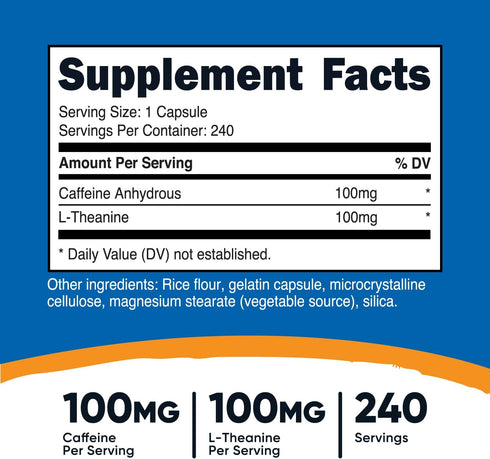 Nutricost Caffeine with L-Theanine, 100mg of Each, 240 Capsules, Non-GMO and Gluten Free