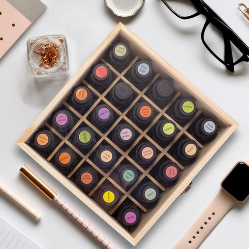 Essential Oil Storage Box, High Capacity Glass Lid Wooden Display Organizer for 15 ml Bottles, Nail Polish Collection