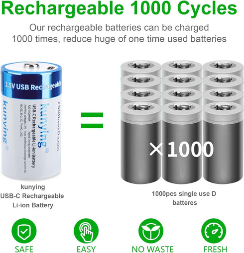 kunying 4 Pack 1.5V 7500mAh 4-in-1 Rechargeable D Batteries Lithium, Long Lasting High Capacity D Cell Batteries
