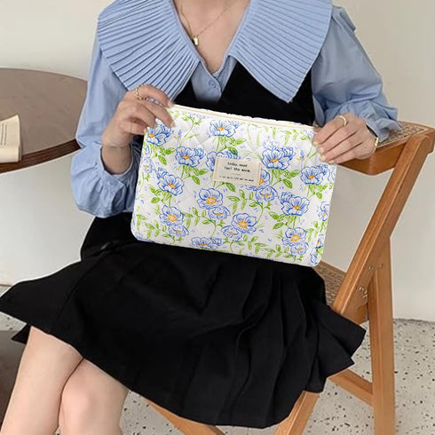 Quilted Cotton Cosmetic Bag, 2Pcs Large Makeup Pouch for Women, Aesthetic Floral Toiletry Bag Gift