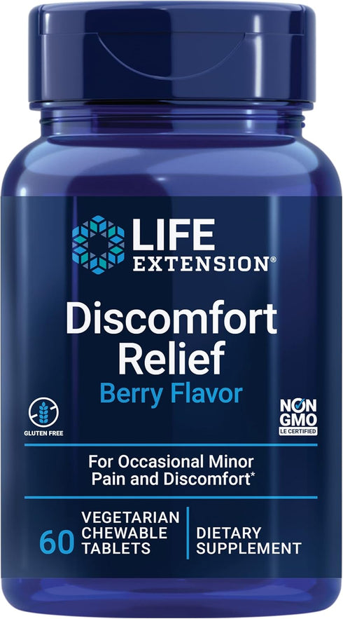 Life Extension Pea Discomfort Relief - Berry Flavor Supplement for Occasional Minor Pain & Discomfort, 60 Chewable