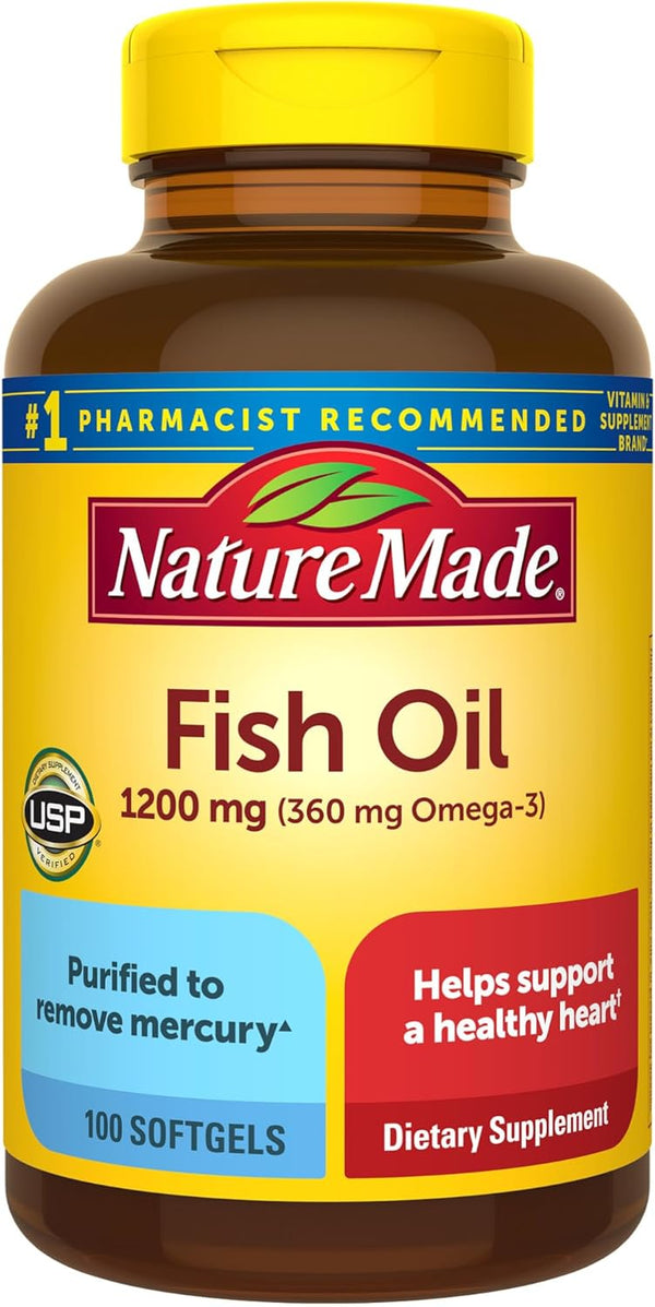 Nature Made Fish Oil 1200 mg Softgels | Omega 3 Fish Oil for Healthy Heart Support | 100 Softgels, 50 Day Supply
