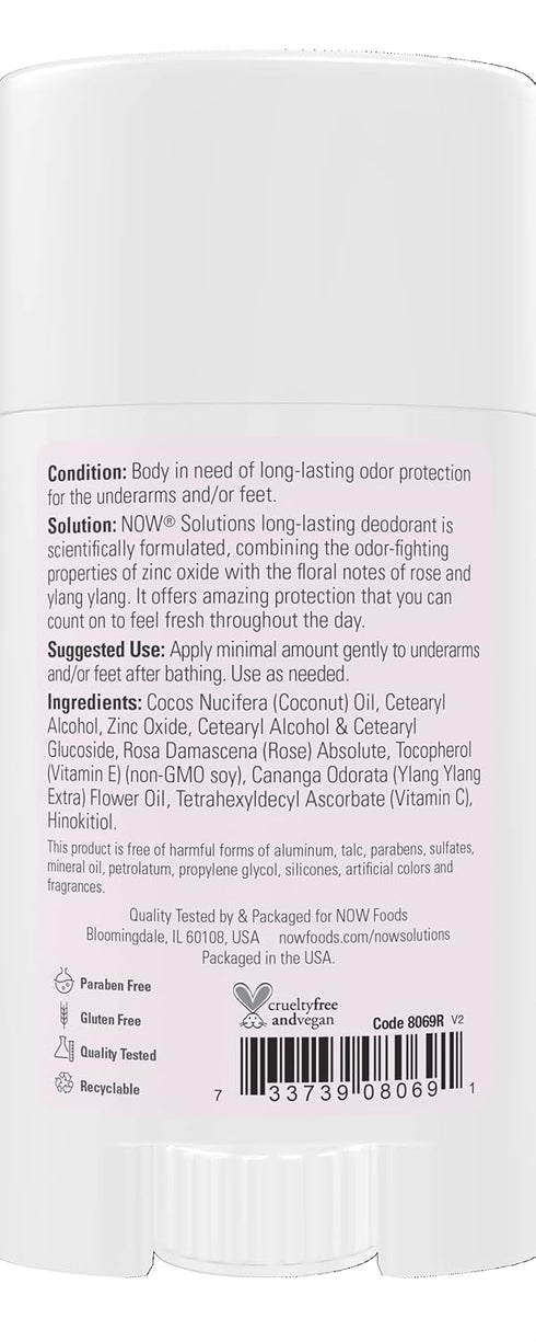 NOW Foods Solutions Long-Lasting Deodorant Stick, Rose and Ylang Ylang Scent, 2.2-Ounce, Odor Neutralizing and Keeps