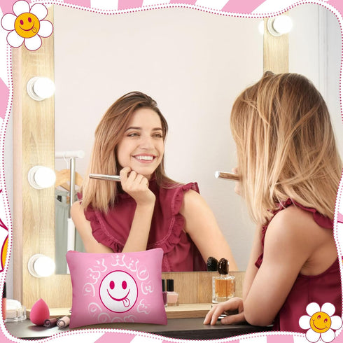 Kajaia 12 Pcs Preppy Makeup Bag with Zipper - Pink Smile Face Cosmetic Bag for Women