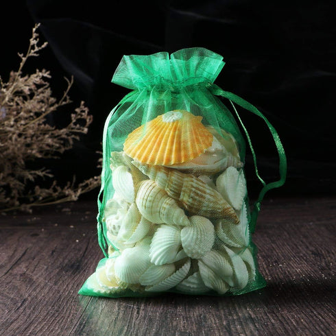 100 Count Organza Drawstring Gift Bags - 5x7 Inch Sheer Fabric Mesh Green Pouch for Jewelry, Party Favors, Wedding