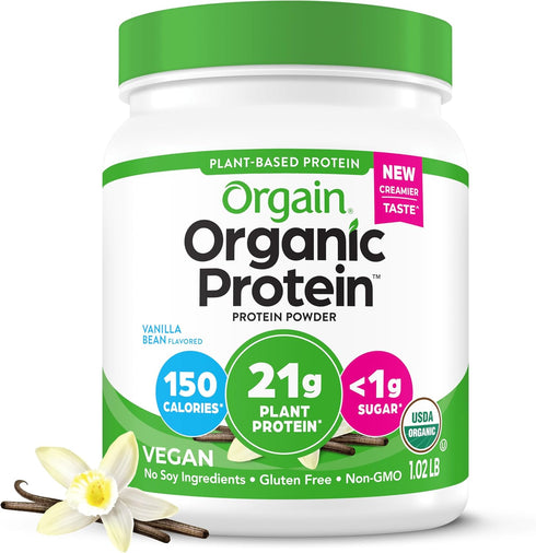 Orgain Organic Vegan Protein Powder, Vanilla Bean - 21g Plant Based Protein, 4g Prebiotic Fiber, 1.02 lb