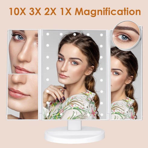Makeup Mirror Vanity Mirror with Lights, Bathroom Adjustable Brightness Mirrors 1X/2X/3X/10X Magnification and Touch Screen Trifold Makeup Mirror Two Power Supply Modes Women Gift White by LeeWent