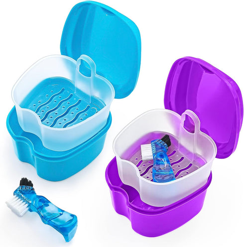 2 Pack Denture Case - Dental Mouthguard Case with Cleaning Brush, Strainer Basket, and Lid Waterproof