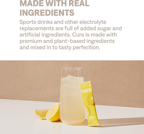Cure Hydration Plant-Based Electrolyte Drink Mix, No Added Sugar, Coconut Water Powder, 14 Packets - Lemonade