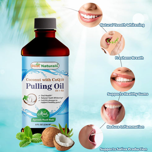 Best Naturals Coconut Pulling Oil with Vitamin D3, E, K2 & COQ10, 8 Fl OZ for Fresh Breath and Gum Health