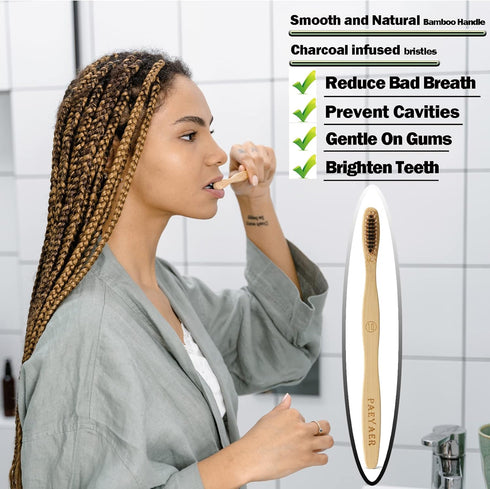 10 Count Bamboo Toothbrushes (Soft + Medium) - Charcoal Natural Wood Toothbrushes, Reusable