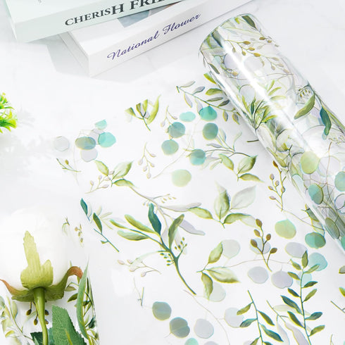 Whaline Eucalyptus Cellophane Wrap Roll, 16 Inch x 100 Ft Greenery Clear Wrapping Paper for Gift Basket Wedding Party