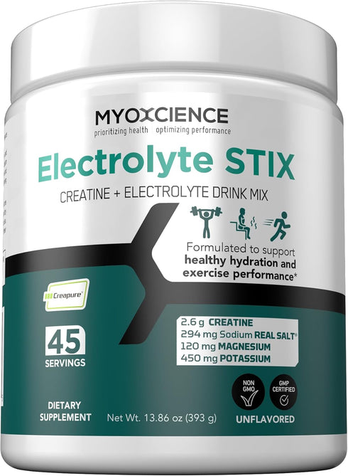 MYOXCIENCE Electrolyte Stix, Creatine Electrolyte Powder, Unflavored Jar, 45 ct for Recovery & Muscle Development