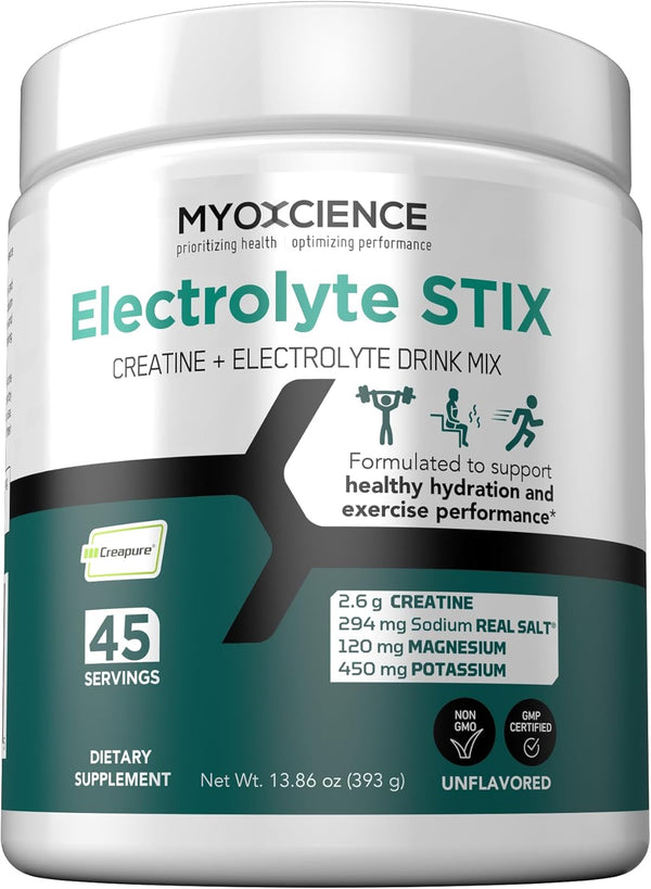 MYOXCIENCE Electrolyte Stix, Creatine Electrolyte Powder, Unflavored Jar, 45 ct for Recovery & Muscle Development