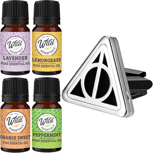 Wild Essentials Potter Hallows Essential Oil Car Vent Diffuser Kit with Lavender, Lemongrass, Peppermint, Orange Oils