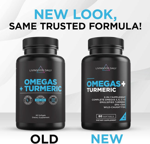 Livingood Daily Omega 3 6 9 Plus Turmeric Curcumin - Omega 3 Supplement for Heart Health, 60 Softgels