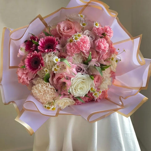 RUSPEPA 20 Sheets Flower Wrapping Paper - Light Purple - Gold Edge Waterproof Floral Bouquet Packaging for Birthday,