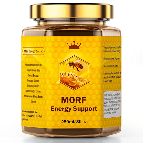 MORF Energy Support Honey, Date Paste, with Pecan Nuts, Ginger Extract, 250ml /8 oz Glass