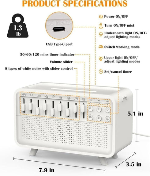 uphrgmd 200ml 8 (1PCS) Noise Humidifier, White Sleep Sound Machine with Water Tank, Soothing Nature Sounds