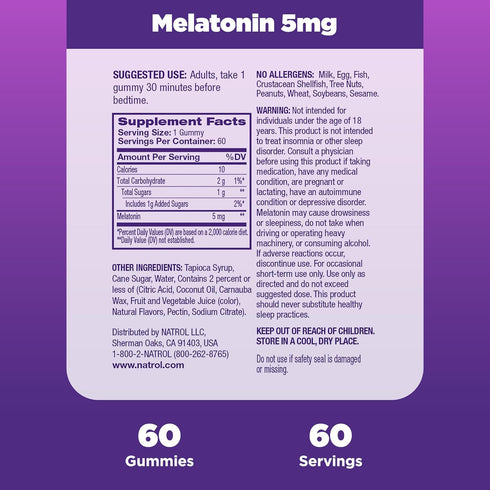 Natrol 5mg Melatonin Gummies, Sleep Support for Adults, 60 Strawberry-Flavored Gummies, 30 Day Supply