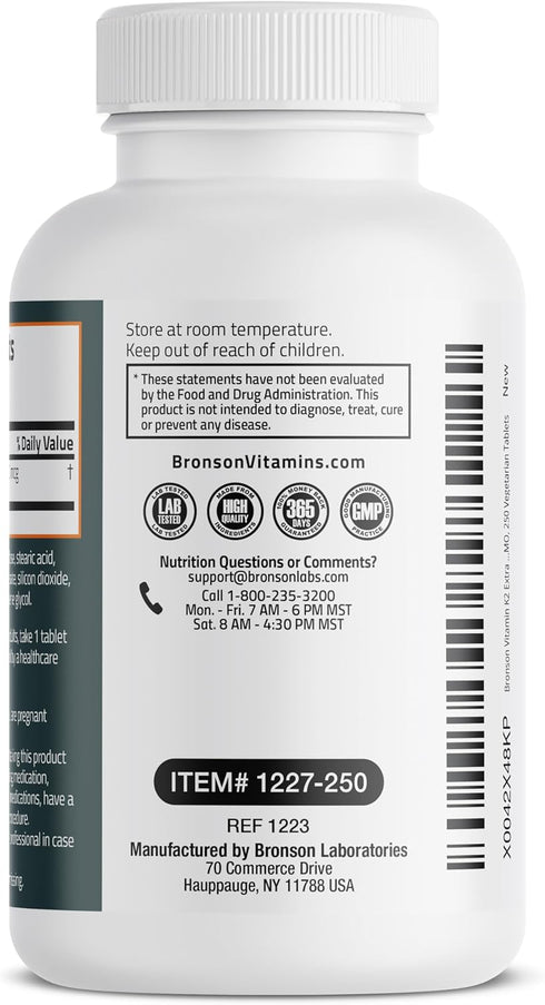 Bronson Vitamin K2 MK-7, 200mcg Extra Strength, 250 Vegetarian Tablets