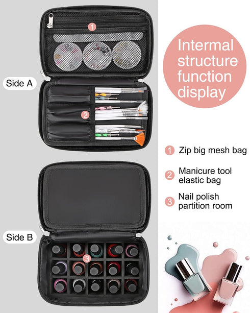 Nail Polish Bag Nail Art Set Organizer, Travel Case with Compartment, Gift for Women (Black)