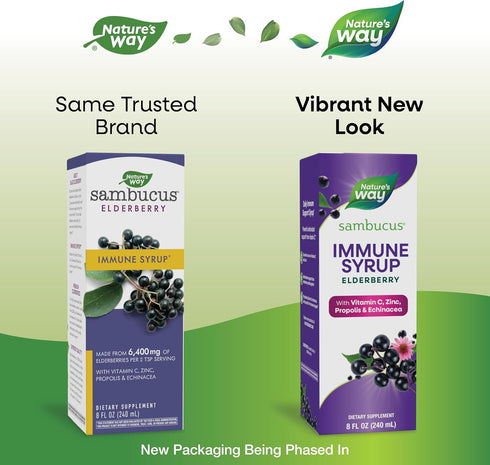 Nature's Way Sambucus Elderberry Immune Syrup, Daily Immune Support*, Black Elderberry Extract, Vitamin C, Zinc, Echinacea, Propolis, 8 Fl Oz (Packaging May Vary)