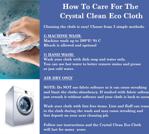 Crystal Clean Eco-Cloth, Lint-Free Microfiber Cloth for Windows, Glass, Stainless Steel, 5 Pack, White, 16''x16''