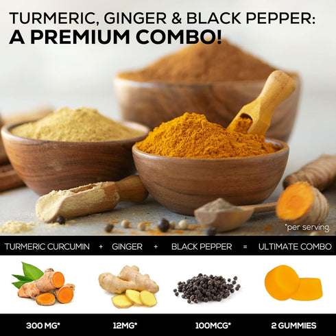 Turmeric Curcumin & Ginger Gummies with Black Pepper Extract for Max Absorption, 120 Vegan Gummies