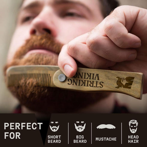 Striking Viking Folding Wooden Comb for Men - Sandalwood Mustache & Beard Grooming Comb