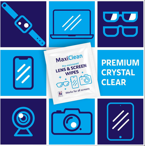Maxi Clean 200 Lens Wipes for Eyeglasses Lens Wipes Individually Wrapped, Pre-moistened Eyeglass Cleaning Wipes