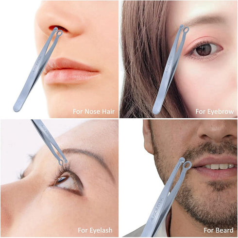 Nose Hair & Ear Hair Tweezers, Stainless Steel Grooming Scissors, Eyebrow Grooming Scissors with Cyan PU Case (1 pack)