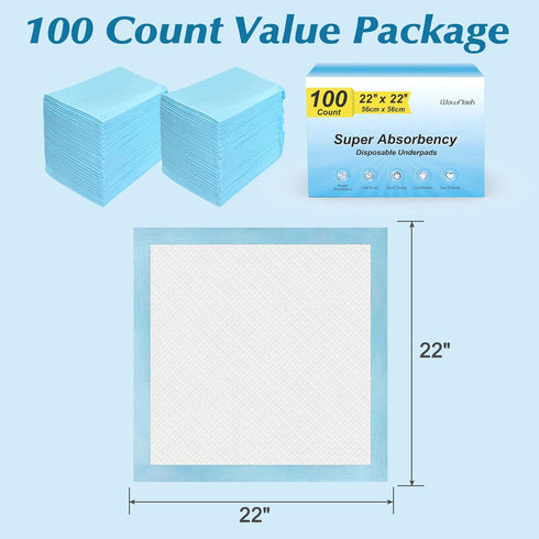 Wowflash 100 Count 22 22 x Super Absorbency Disposable Underpads, Leakproof Quick Drying Disposable Pads for Baby