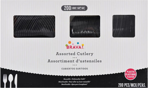 Pack 200 Reusable Jet Black Plastic Cutlery Assortment - of (Forks, Knives, Spoons) - Perfect for Parties, Picnics