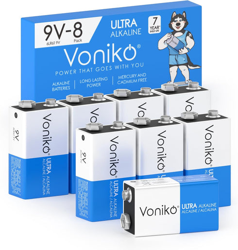 Voniko 9V Batteries - Alkaline 9V Battery 8 Pack - Ultra Long Lasting