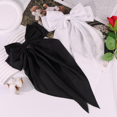 2 Pcs Silky Satin Big Hair Bows, Ribbon Hair Barrettes Clip, Oversized Long Tail Hair Accessories (Black and White)