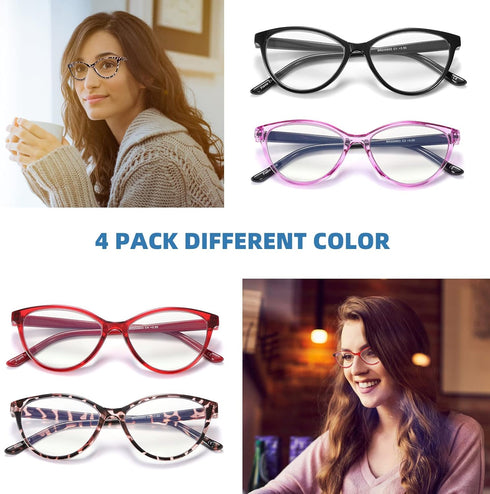 4 Pack Reading Glasses - Blue Light Blocking for Women, Designer Cat Eye Frame Anti Glare/UV Ray Eyeglasses (1.5)