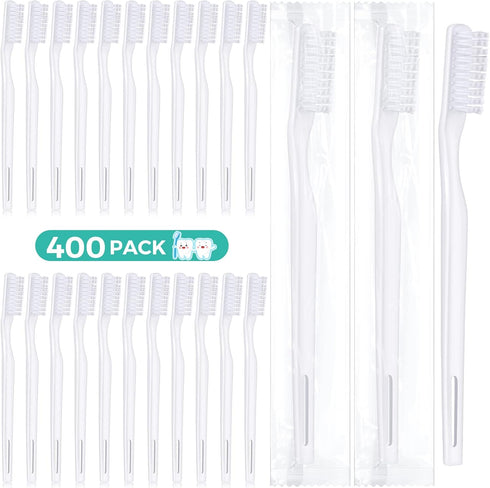 400 Pack Disposable Toothbrushes - Individually Wrapped Hard Bristle Adult Toothbrushes for Travel, Single Use (White)