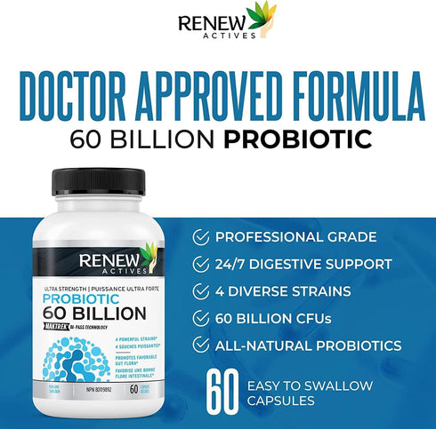 Renew Actives New Probiotics - 60 Billion CFU with MAKTREK Bi-Pass Technology for Digestive Health, Immunity, 60