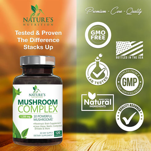 Mushroom Supplement - 10 Mushroom Complex Blend for Memory, Focus, Immune Health Support - 120 Count