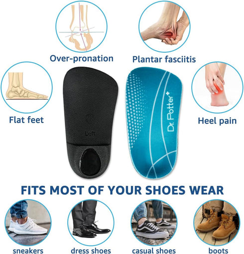 3/4 Orthotic Insoles, Shoe Inserts for Plantar Fasciitis Relief, High Arch Support for Flat Feet, Heel Pain (Small)