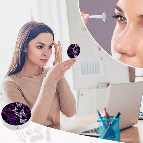 Purple Butterfly Pattern Contact Lens Case Box with Tweezers, Remover Tool, Solution Bottle, and Mirror for Eye Care