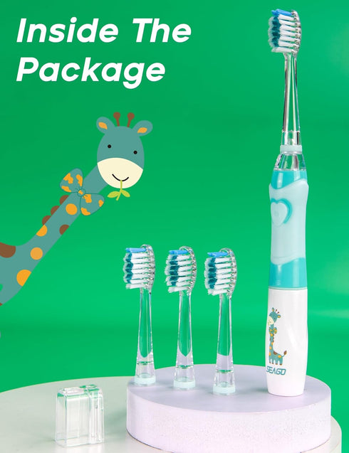 SEAGO Kids Electric Toothbrush with 2 Mins Timer and 4 Replacement Brush Heads, Green Color for Boys, Battery Powered