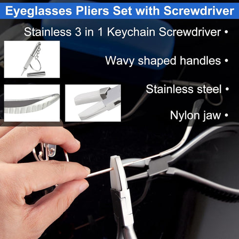 Round Nylon Jaw Eyeglasses Frame Pliers, 2 PCS Repair Kit with Screwdriver for Eyeglass Adjusting